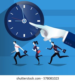 Vector Illustration Of Business People Running, Catching Up The Time. They Are In A Hurry For Work. Forefinger Pointing At Time On The Clock. Flat Style Design Element.