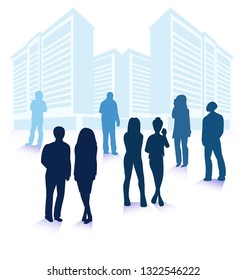 Vector illustration of business people silhouettes over city modern buildings