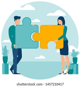 Vector illustration of business people are solving puzzle. Business strategy solution and teamwork vector concept with flat design characters. Blue template for presentation, web site and mobile app.