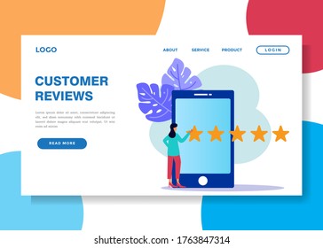 Vector illustration, business people in the star pressing menu, customer review ratings, different people give ratings and feedback ratings, support for business satisfaction.