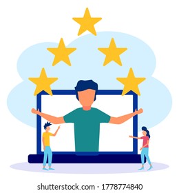 Vector illustration, business people in the star pressing menu, customer review ratings, different people give ratings and feedback ratings, support for business satisfaction.