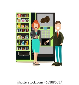 Vector illustration of business people taking coffee break. Coffee automatic machine and vending or food machine. Office people flat style design elements, icons isolated on white background.