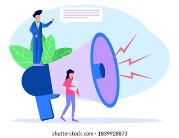 Vector illustration, business people use Big Loudspeaker to Communicate with Audience. PR Agency Team working on Social Media Promotion. Concepts of Public Relations, Digital Marketing and Media.