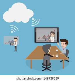 A Vector Illustration Of Business People Video Conferencing By Cloud Computing Technology.