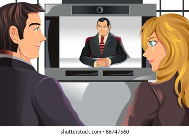 A vector illustration of business people video conferencing