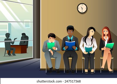 A vector illustration of business people waiting for their turn to be interviewed