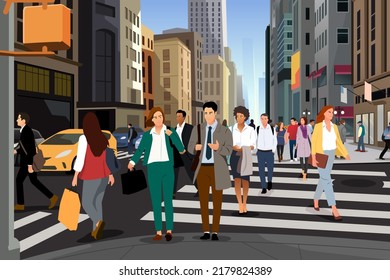 A vector illustration of Business People Walking in the City Going to Work