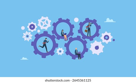 Vector illustration of business people work inside gears cogwheels. Roles and responsibilities, teamwork or resource management, work delegation, role definition, job position or organization.