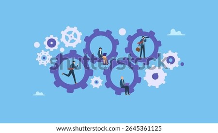 Vector illustration of business people work inside gears cogwheels. Roles and responsibilities, teamwork or resource management, work delegation, role definition, job position or organization.