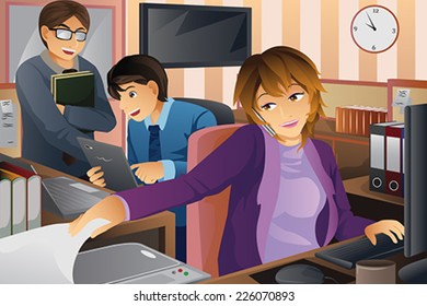 A vector illustration of business people working at the office