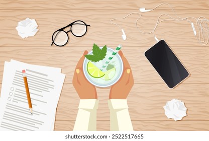 Vector illustration of business person holding glass of cool cocktail. Top view of work desk. Documents about report, finance and other office items. Office in hot summer with refreshing drink