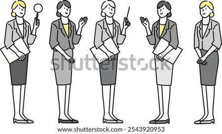 Vector illustration of a business person making a proposal to a customer - woman - full body - set vector illustration