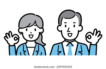 Vector illustration of a business person man and woman who gives an OK sign