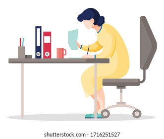 Vector illustration of business person sitting at the table in the office and working. Businesswoman working with documents and drink coffee. Worker search the data in the reports sitting at the desk.