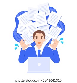 Vector illustration of a business person who doesn't know how to process a huge amount of data.