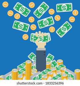 Ilustración vectorial de la mano de una persona de negocios que sostiene dólares cuando las monedas en efectivo fluyen a la pila de dinero