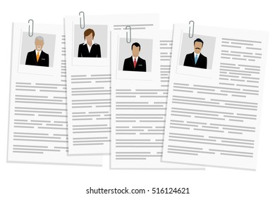 Vector illustration business portfolio. Employment issue, resume, job search, contract conclusion concept. Find new job. CV curriculum vitae with man and woman photo