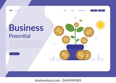 Vector illustration of a business potential web page with potted plant, dollar coins, sun icon, and blue-white layout with gold accents