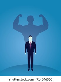 Vector illustration. Business power concept. Businessman standing in front of his own muscular shadow showing his inner strength. Self confidence. Future goal. Self development