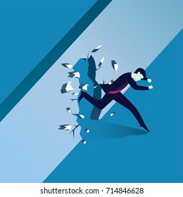 Vector illustration. Business power concept. Businessman running trough and breaking wall of obstacle. Conquering challenge.