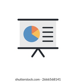 Vector illustration of a business presentation board with pie chart and report data. Simple flat design for infographic, analytics, finance, meeting, education, and marketing concepts.