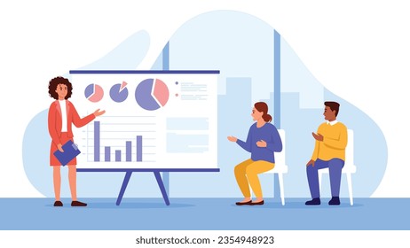 Vector illustration of business presentation. Cartoon scene of a business presentation in the office with a woman standing near a board with charts, graphs and a woman and a man sitting, discussing.