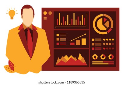 vector illustration of business, presenter, office workers are studying the infographic, the analysis of the evolutionary scale