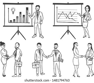 Vector illustration of business process workflow management. Businesspeople handshake. Men and women. Speakers presenting with charts on whiteboard. Vintage hand drawn style.