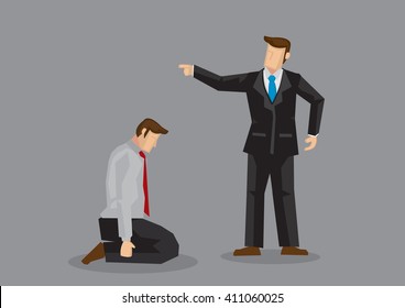 Vector illustration of business professional kneeling with head down in front of another businessman in aggressive pointing gesture isolated on grey background. 