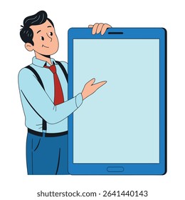 Vector illustration of business professional with tablet. Modern professional design perfect for tech presentations and office concept visuals.