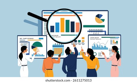 Vector illustration of business professionals analyzing charts, graphs, and dashboards. Perfect for data analysis, business intelligence, teamwork, reporting, and corporate presentations.