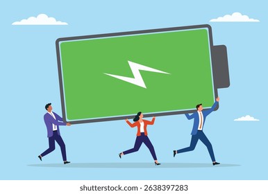 Vector illustration of business professionals carrying a huge fully charged battery, symbolizing the power of team energy, productivity, motivation and collective effort in achieving goal