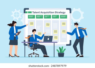 Vector illustration of business professionals collaborate on talent acquisition strategy using sticky notes on whiteboard