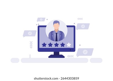 Vector illustration of Business Profile Rating on Monitor – Four out of Five Stars Under Silhouette