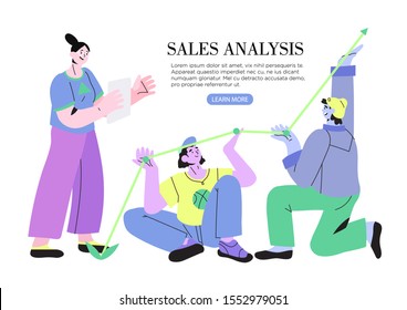 Vector illustration of a business and profit growth, company statisctics and sales analysis concept. Analytical service and buseness promotion. People moving statistisc in a better direction.