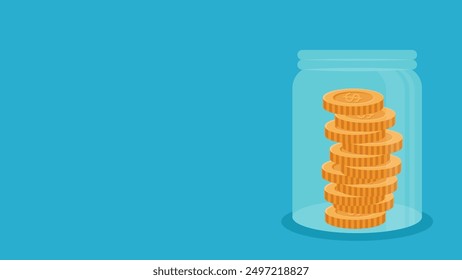 Vector Illustration of Business Profit, Business Profit, Business Investment and Saving. Concept of Money in a Jar with Blue Background Copy Space