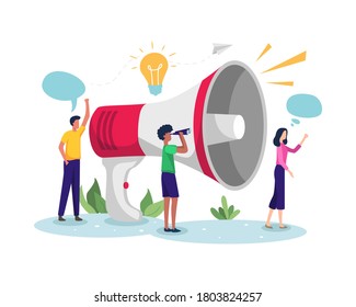 Vector illustration of Business promotion. Men and women promoting businesses with large megaphone. Concept of Business promotion, Referral marketing and Demonstration. Vector in flat style