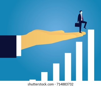 Vector illustration. Business reaching success leadership concept. Businessman raised by giant hand to reach for success in top position of ladder. Leadership, directing way of success