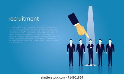 Vector illustration. Business recruitment hiring concept. Selecting businessman from line of people with pointing finger. Focus on one man with spotlight