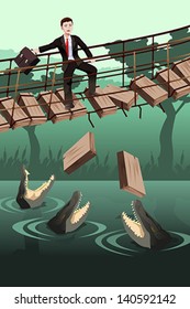 A vector illustration of business risk concept where a businessman walking on a broken bridge with dangerous crocodiles underneath