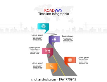 Ilustración vectorial. Infografía de la línea de tiempo de las carreteras de negocios. Resumen del diagrama de plantillas de fondo, proceso, tecnología, símbolos, pasos, digital, marketing, datos, presentación, gráfico, elemento.