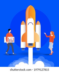 Vector illustration business rocket launching by a man and women. Blue background vector illustration isometric business launching rocket illustration.