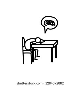 Vector illustration, business scribing doodle. Tired man doing paperwork at the table.
