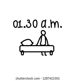 Vector illustration, business scribing doodle. Man sitting on the bed having insomnia.