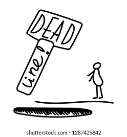 Vector illustration, business scribing doodle. Man feeling fear about deadline. Hanging hammer.