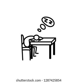 Vector illustration, business scribing doodle. Tired man doing paperwork at the table.