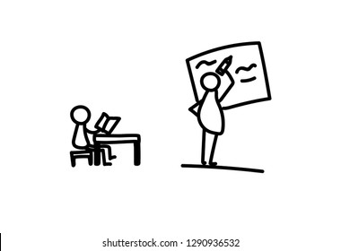 Vector illustration, business scribing doodle. Teacher with student at school making lesson.
