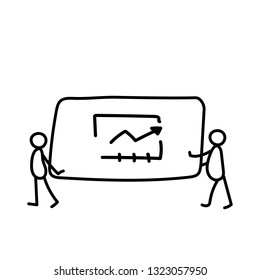 Vector illustration, business scribing doodle. Men carrying a table with the diagram. Line style.
