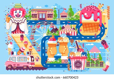 Vector illustration business selling different kinds ice cream sale of food with machine, meal on wheels clown amusement park sweets vanilla chocolate fruit filling cafe near road in flat style