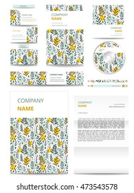Vector illustration. Business set with hand drawn plants. Herbal set. Botanical sketch. Business cards, brochure, disk with herbs on white. Botany. Collection vector decorative design elements.